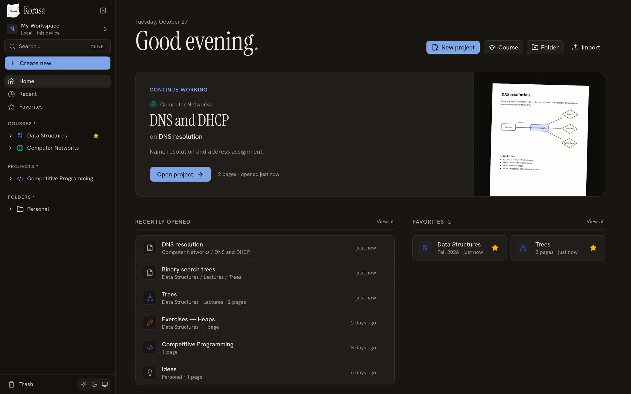 The Korasa home screen in dark mode